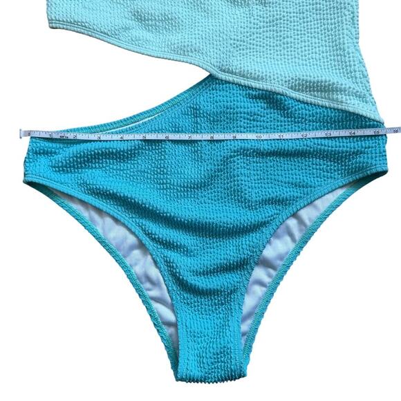 Colorblock Two Toned Blue One Shoulder Cut Out One Piece Swimsuit Size L - Picture 4 of 10
